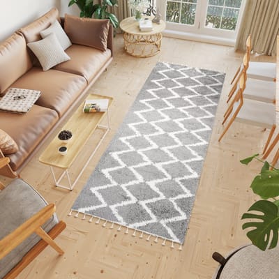 Tapiso Boho Loper Grijs Modern Hoogpolig Kwastjes Woonkamer Vloerkleed Maat- 100x150