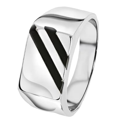 Lucardi Heren Zegelring met zwarte accenten - Ring - Vaderdag Cadeautje - Staal - Zilverkleurig