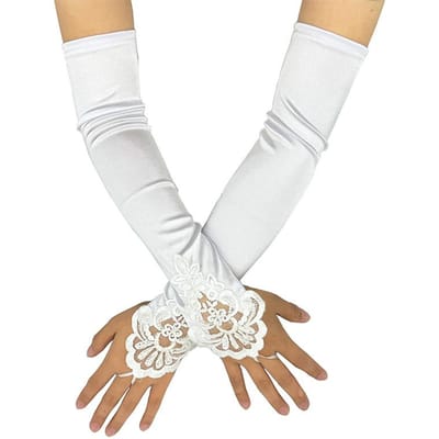 Gants longs sans doigts satinés à crochet pour femme Style rétro Accessoires de robe de soirée d'opéra Étiquette Haute élasticité Mariage One Size white