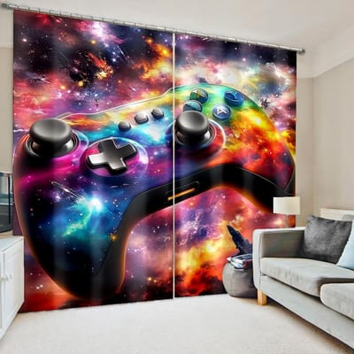 3D Galaxy Gamepad Gordijnen 2 Panelen Kleurrijk Heelal Sterrenprint Zonwerend Slaapkamer Decoratie Gamer Favoriet Sci-Fi Ruimte Thema 50W60H(CM)X2PCS&Grommet Top blue