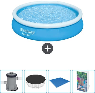 Bestway Rond Opblaasbaar Fast Set Zwembad - 366 x 76 cm - Blauw - Inclusief Pomp Afdekzeil - Grondzeil - Zwembadgids