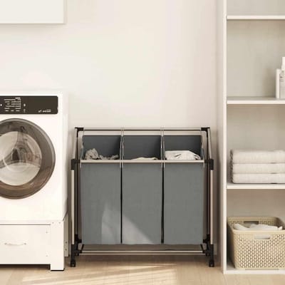 Wasmand Met Wielen - Kledingbox Opbergbox - Sorteren Kleding - Drie Compartimenten - 96 x 40 x 92 cm - Grijs