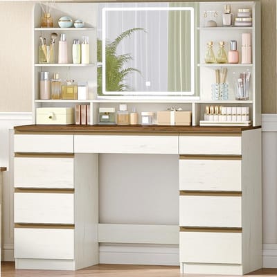 Sierra, Grote Kaptafel met LED-verlichting, 3 kleuren, Instelbare Helderheid, Kaptafel met Spiegel, 9 Laden, 9 Open Planken, Moderne Stijl, Wit-Bruin DT41914X