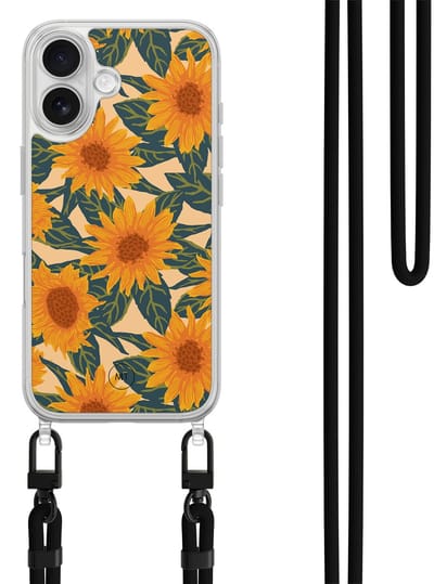 Hoesje met koord geschikt voor iPhone 16 - Zonnebloemen - Inclusief zwart koord - Crossbody beschermhoes - Transparant, Oranje - Mooie Telefoonhoesjes
