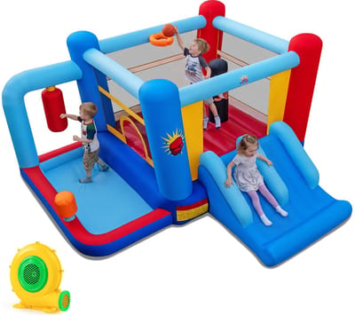 COSTWAY springkussen met ventilator, glijbaan, springgedeelte, basketbalring, bokszakken en ballenbak, springkussen voor kinderen, voor binnen en buiten, 402 x 385 x 206 cm