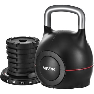 VEVOR Verstelbare Kettlebell met 7 gewichtsniveaus (2/5/8/11/14/17/20 kg), ABS + gegoten aluminium, voor gripkrachttraining, full body workout, crosstraining, zwart