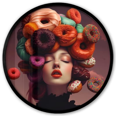 Poster in lijst Rond - Fotolijst 40x40 cm - Posters - Vrouw - Donuts - Kleurrijk - Ronde posterlijst zwart - Decoratie - Wanddecoratie woonkamer - Muurdecoratie slaapkamer