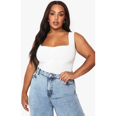 boohoo Dames PLUS dubbele laag geraffelde voorkant-bodysuit | White | Maat: 26