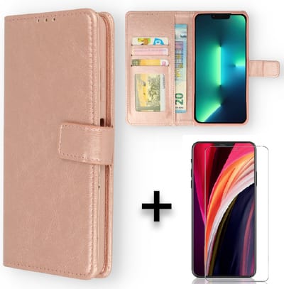 Casemania Hoesje Geschikt voor Apple iPhone 13 Rosegoud & Glazen Screenprotector - Portemonnee Book Case - Kaarthouder & Magneetlipje