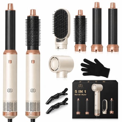 Golden Goods® Airstyler - Fohnborstel - Multistyler - Krulborstel tot 110ºC - Krultang 5-in-1 - Hairwrap Föhn met 5 opzetstukken - 1000W Haardroger Styler - Incl. Hittebestendige Handschoen