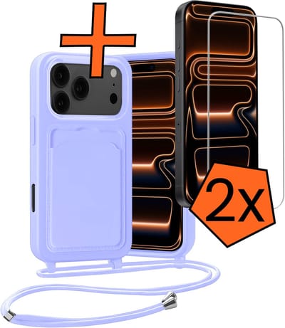 Hoesje Geschikt voor iPhone 17 Pro Max / 18 Pro Max Hoesje Met Telefoonketting Pasjeshouder Case Met 2x Screenprotector Koord - Hoesje Geschikt voor iPhone 17 Pro Max / 18 Pro Max Hoes Met Kaarthouder - Lila