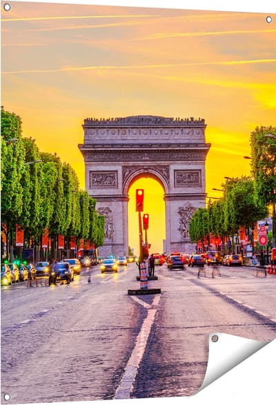 Gards Tuinposter Arc de Triomphe in Parijs vanaf de Straat - 80x100 cm - Tuindoek - Tuindecoratie - Wanddecoratie buiten - Tuinschilderij