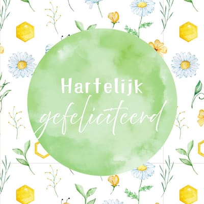 Wenskaart hartelijk gefeliciteerd - groene aquarelcirkel en groene bloemen – 13x13 cm – gevouwen kaart – inclusief witte envelop – stevig papier – felicitatiekaart