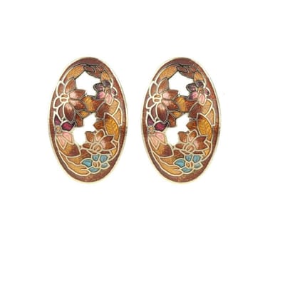 Behave - Oorknoppen ovaal bloemenpatroon bruin retro stijl - 2,8 cm