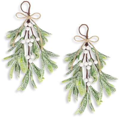 Dailygoods- Maretak 25 cm - 2 Stuks - Kunstmatige Decoratie - Besneeuwd met Bessen - Hangende Decoraties - Perfect voor Wintervakantie - Kerstdecoratie