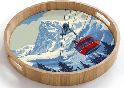 Dienblad rond 40x40 cm - Schootdienblad hout - Kabelbaan - Sneeuw - Berglandschap - Borrelplank rechthoek - Plateau houten dienbladen