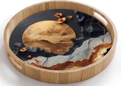 Dienblad rond 40x40 cm - Schootdienblad hout - Kunst - Goud - Modern - Abstract - Borrelplank rechthoek - Plateau houten dienbladen