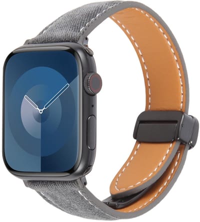 Hybride bandje leer + denim - geschikt voor Apple Watch series 1/2/3/4/5/6/7/8/9/10/11/ SE (1,2,3) / Ultra (1,2,3) met maat 44 mm / 45 mm / 46 mm / 49 mm - magneetsluiting - zwart