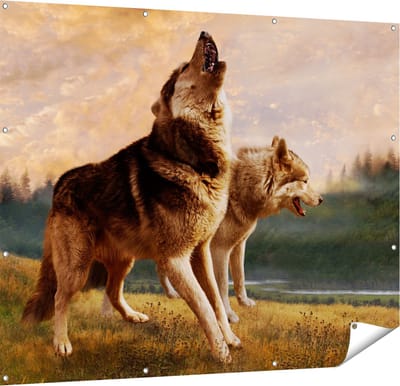 Gards Tuinposter Twee Wolven op het Gras - 150x120 cm - Tuindoek - Tuindecoratie - Wanddecoratie buiten - Tuinschilderij