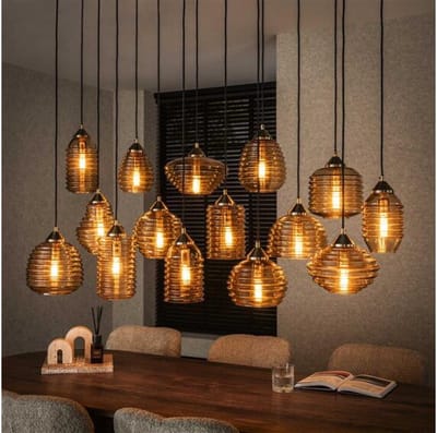 Hanglamp Rib Glass 15-lichts – Amber glas – Moderne designlamp met ribbelstructuur - 155x60x155 cm