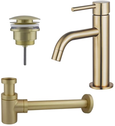 FugaFlow Eccelente Sobrado Badkamer Slim Wastafelkraanset - lage wastafelkraan - klikwaste plug - verlaagde design sifon - PVD Geborsteld Messing