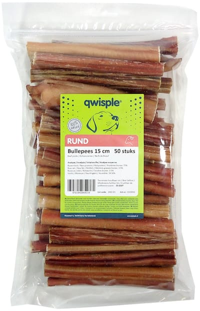 Qwisple Bullepees 15 cm - Hondensnacks Gedroogd Rund - 50 stuks