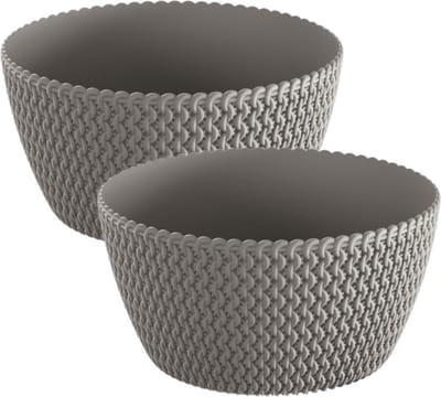 2x stuks tafelstuk plantenpot/bloempot kunststof dia 24 cm en hoogte 12 cm in het steengrijs voor binnen/buiten