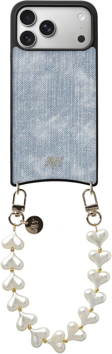 AVY Hoesje Geschikt voor Apple iPhone 17 Pro Max | Compatibel met MagSafe | Kunstleren Case met Telefoonkoord | Polsband | Denim | Cupid Pearl