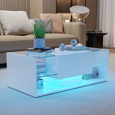 Moderne salontafel voor de woonkamer, met opbergruimte, LED hoogglans salontafel van MDF en gehard glas met één lade en twee planken