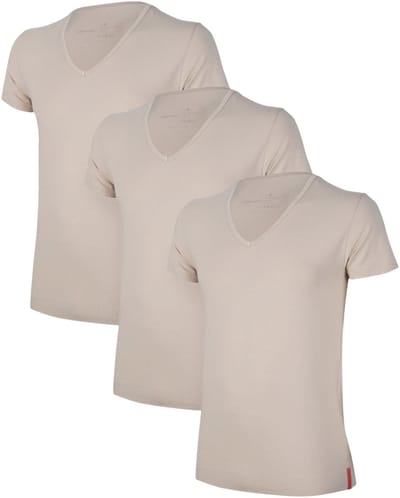 Undiemeister T Shirt Heren - Slim Fit T-shirt - 3-Pack - Desert Sand (Khaki) - Tencel - Zijdezacht - Ademend - Anti-Bacterieel - Korte mouwen - Diepe V-hals - Maat S