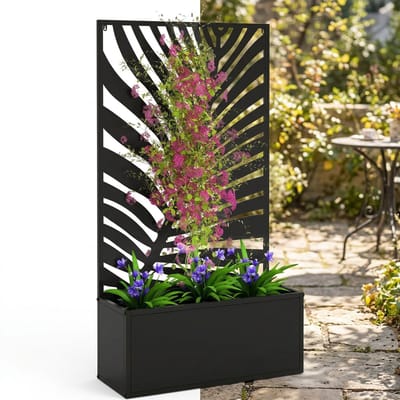 Plantenbak met klimrek - Bloembak - Weerbestendig - Met trellis - Buiten - Metaal - Plantenrek - Zwart