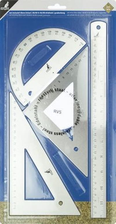 Kangaro liniaal set - RVS - 4-delig - 30cm liniaal + 30/60 driehoek + 45/90 driehoek + gradenboog