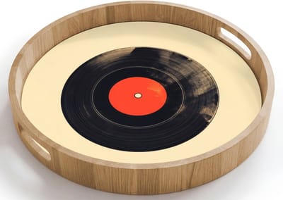 Dienblad rond 40x40 cm - Schootdienblad hout - Illustratie - Vinylplaat - Beige - Vintage - Borrelplank rechthoek - Plateau houten dienbladen