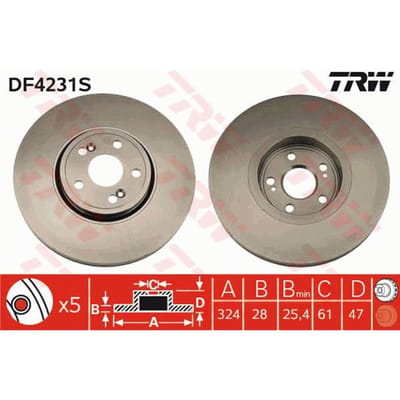 Remschijf TRW DF4231S voorkant, geventileerd, 1 Stuk