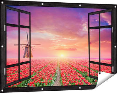 Gards Tuinposter Doorkijk Rode Rozen Bloemenveld met een Windmolen - 120x80 cm - Tuindoek - Tuindecoratie - Wanddecoratie buiten - Tuinschilderij