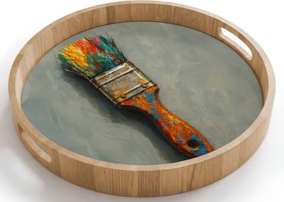 Dienblad rond 40x40 cm - Schootdienblad hout - Verf - Kwast - Schilderij - Borrelplank rechthoek - Plateau houten dienbladen