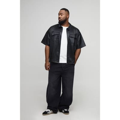 Plus Geplooierde PU Boxy Oversized Cargo Shirt | Black | Size 3XL