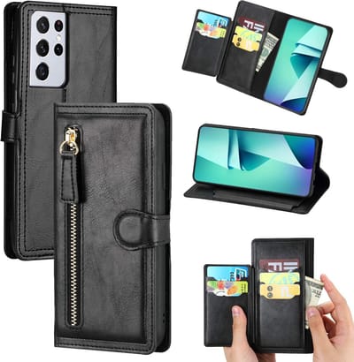 Bookcase Hoesje Geschikt voor: Samsung Galaxy S22 met ritssluiting - Flipcover - Magnetisch - 5 kaarten houder - Zwart