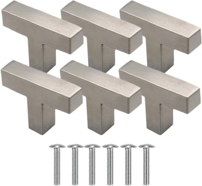 Set van 6 RVS Hoekige Kastgrepen 50mm T Handgrepen in Zilver voor Meubels en Kasten - Inclusief Schroeven voor Eenvoudige Montage