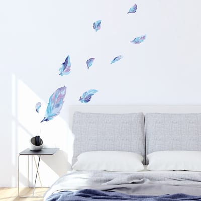 Muurstickers - Bohemian 9 Blauwe Veren - Transparante Achtergrond - 100x105cm