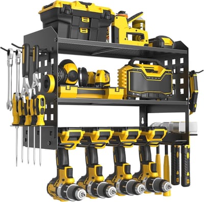 Power Tool Organizer met Wandhouder en Zijpegboards - 3-laags Garage-organisatie en Heavy Duty Utility Rack
