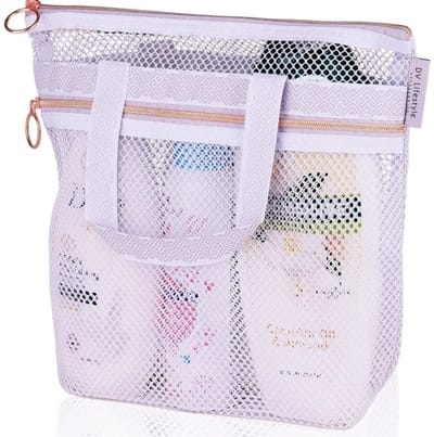 WiseGoods Premium Mesh Douche Caddy Tas Met Rits 25x26cm - Sneldrogende Hangende Toilettas - Reizen / Sportschool / Badkamer - Wit