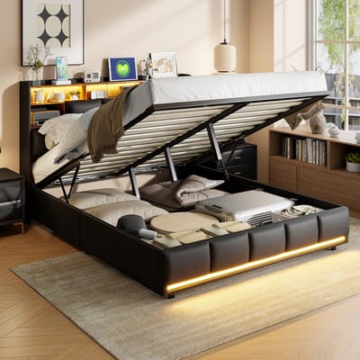Opbergbed 160x200 cm – Zwart PU Tweepersoonsbed met Opbergruimte, LED-Hoofdbord en USB-Oplaadfunctie