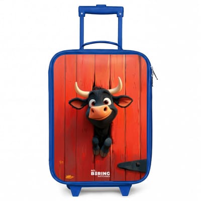 NoBoringSuitcases.com® - Kinderkoffer blauw - Kindertrolley jongen - Zwarte stier steekt kop door rode schuurdeur - Koffer kind lichtgewicht - Reiskoffer trolley voor kinderen - Koffertje met lichtgevende wieltjes - Rolkoffer