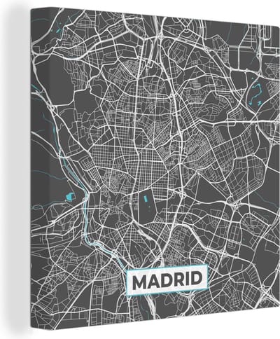 Canvas Schilderij Madrid - Blauw - Kaart - Plattegrond - Stadskaart - 20x20 cm - Wanddecoratie