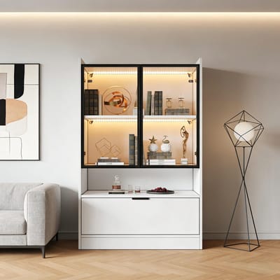 Sweiko Vitrinekast - Boekenkast - LED-verlichting - Glazen deuren - Spaanplaat - Wit