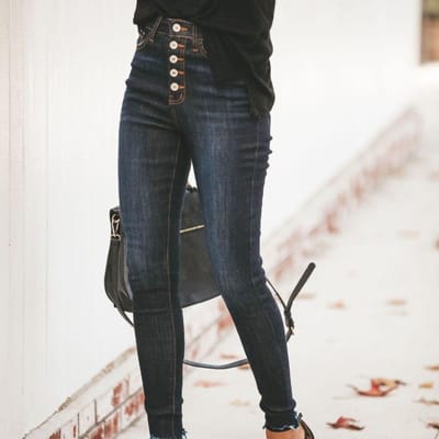 Dames hoge taille stretch denim jeans knoop skinny slanke casual potloodbroek damesbroek S zwart