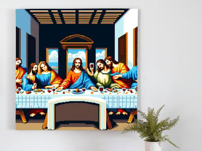 Pixel art laatste avondmaal schilderij | Laatste avondmaal heruitgevonden in eigentijdse pixel kunstvertolking | Kunst - 80x80 centimeter op Dibond | Foto op Dibond