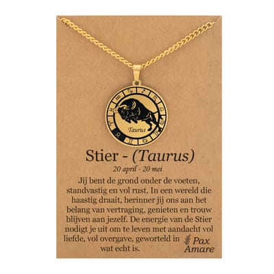 Sterrenbeeld Stier (Taurus) Ketting op Cadeau Kaartje - Goudkleurig - Roestvrij Staal Zodiac Talisman - Stainless Steel - 60cm - Pax Amare