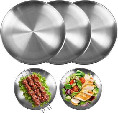 Set van 3 ronde borden van roestvrij staal van 20 cm - In zilverkleurig roestvrij staal - Robuust en niet-toxisch - Vaatwasmachinebestendig - Ideaal voor restaurants, picknicks, keukens en